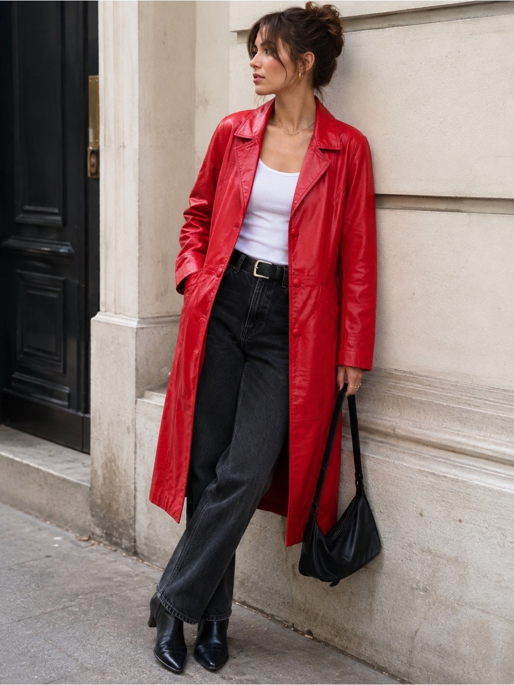 Vintage COMINT Leather Red Coat Womens M Genuine Leather Long Car Coat 80s 90s